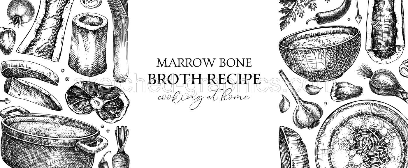 Healthy food background. Marrow bone broth banner. Hot soup on plates, pans, bowls, organ meat, vegetables, marrow bones sketches. Hand drawn vector illustrations. Homemade food ingredient Illustration